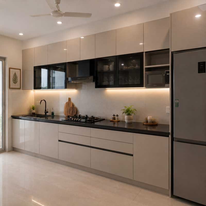 High-Gloss Acrylic Modular Kitchen with Calacatta Quartz Countertop & Seamless Edge #1